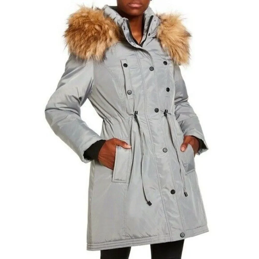 Madden Girl Juniors Silver Grey Faux Fur Trim Hooded Anorak Parka Coat Small NWT